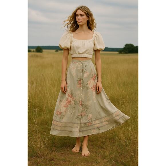 Vintage Ralph Lauren Linen A-Line Maxi Skirt Cottagecore Tapestry Floral 12 - Picture 1 of 7